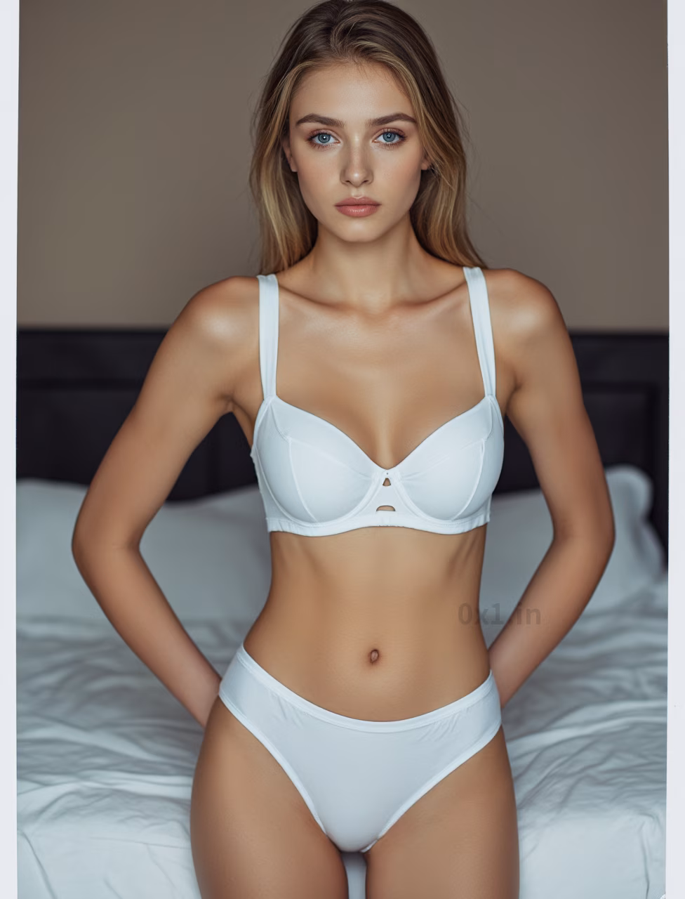 Close-up of a 24-year-old British woman with blonde hair, blue eyes, and pink lips, wearing red lace lingerie in a bedroom.