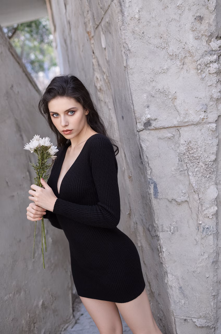 Close-up of a Croatian woman with long wavy black hair and blue eyes wearing a black bodycon mini dress, expressing love in a cozy street or living room setting.