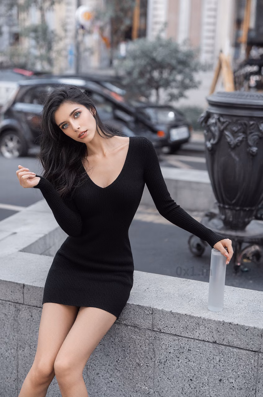 Close-up of a Croatian woman with long wavy black hair and blue eyes wearing a black bodycon mini dress, expressing love in a cozy street or living room setting.