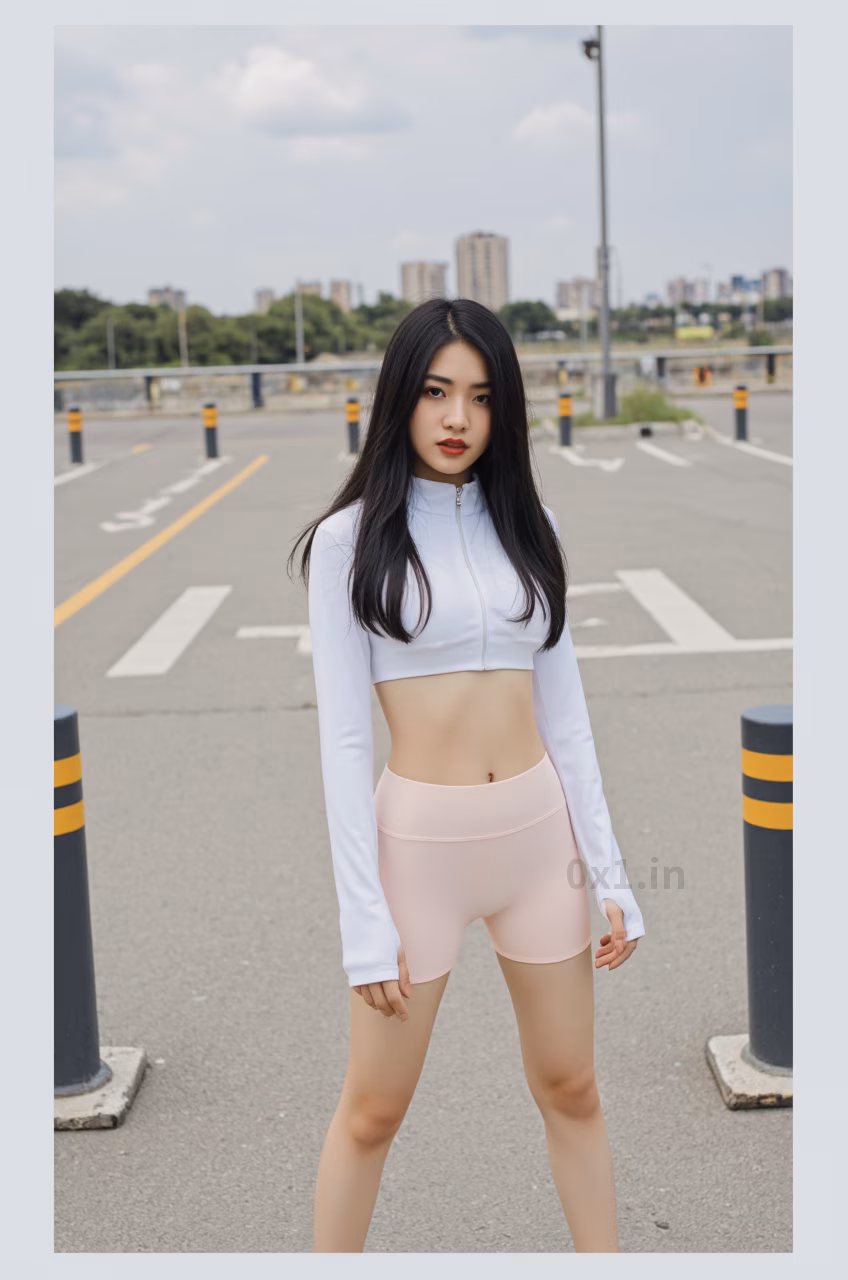 Close-up of a curvy Malaysian woman with long black hair and glossy red lips wearing a white workout crop top, expressing love.