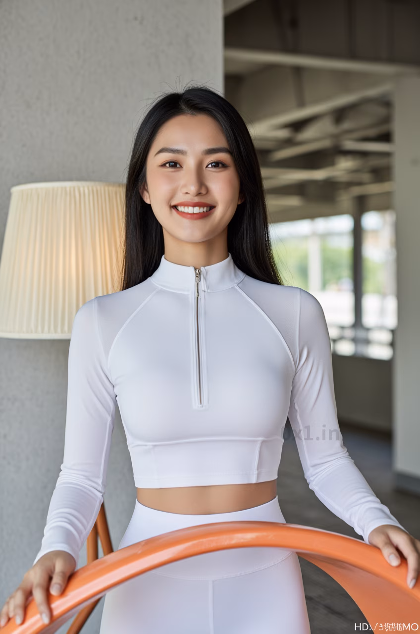 Close-up of a curvy Malaysian woman with long black hair and glossy red lips wearing a white workout crop top, expressing love.