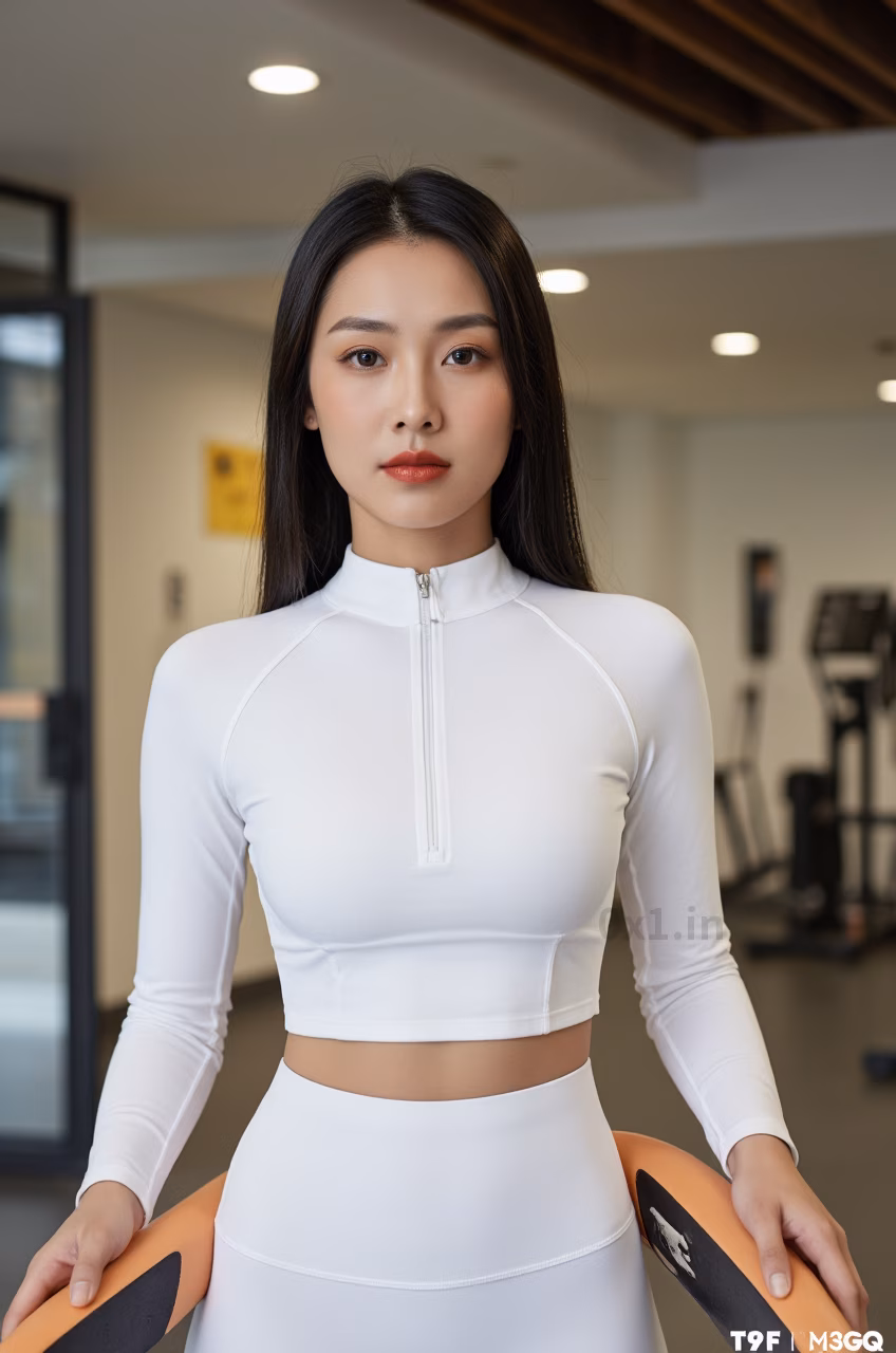 Close-up of a curvy Malaysian woman with long black hair and glossy red lips wearing a white workout crop top, expressing love.