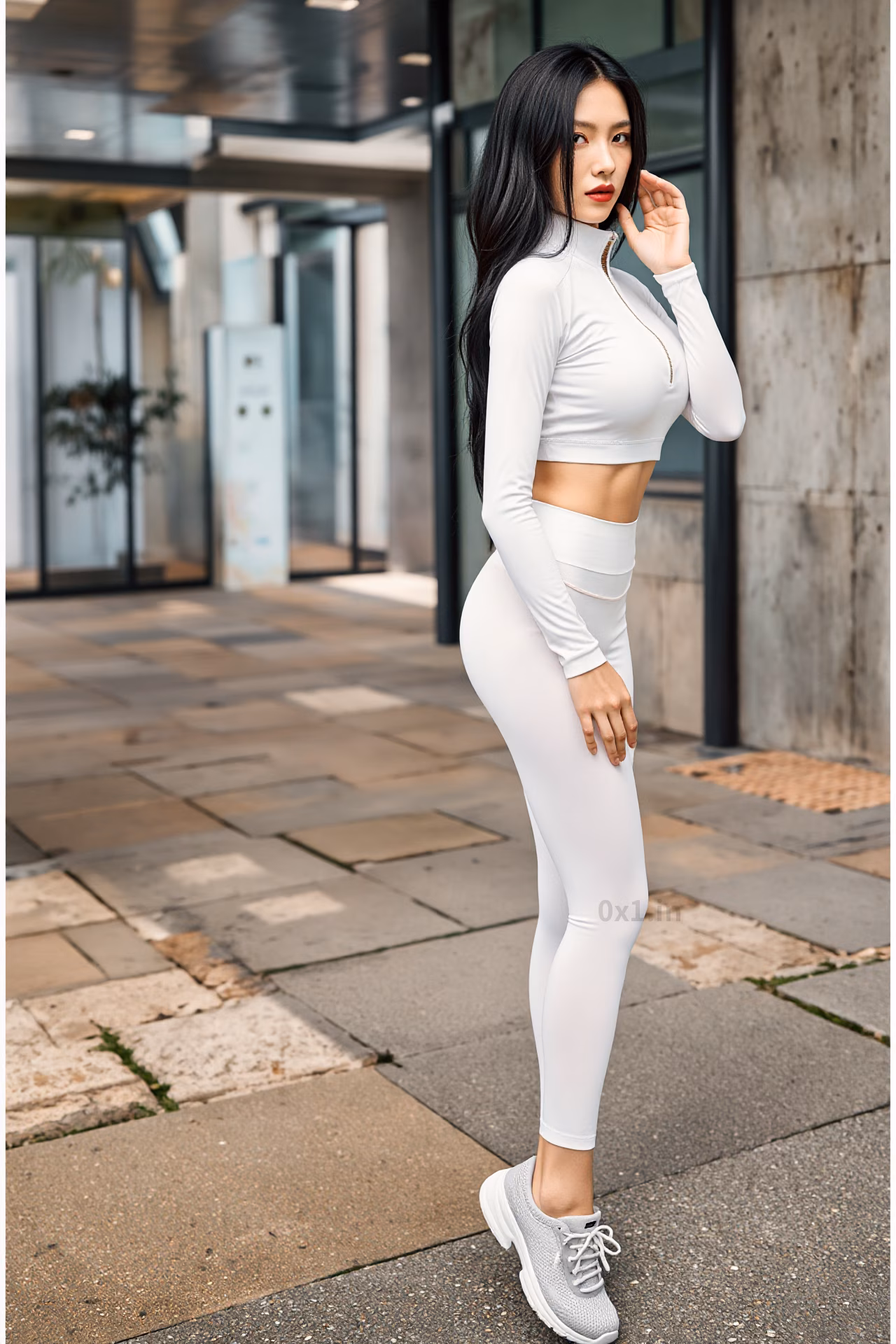 Close-up of a curvy Malaysian woman with long black hair and glossy red lips wearing a white workout crop top, expressing love.