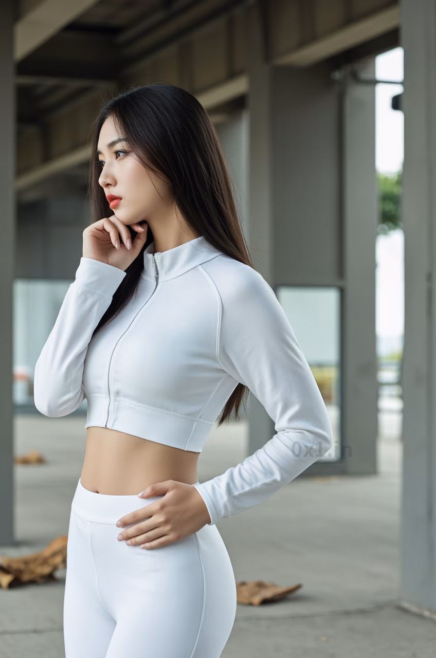 Close-up of a curvy Malaysian woman with long black hair and glossy red lips wearing a white workout crop top, expressing love.
