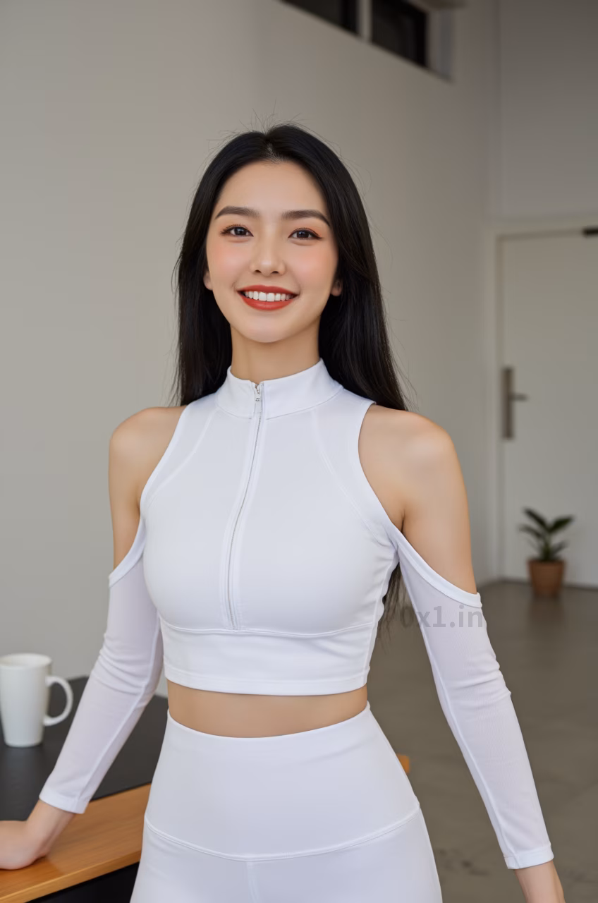 Close-up of a curvy Malaysian woman with long black hair and glossy red lips wearing a white workout crop top, expressing love.