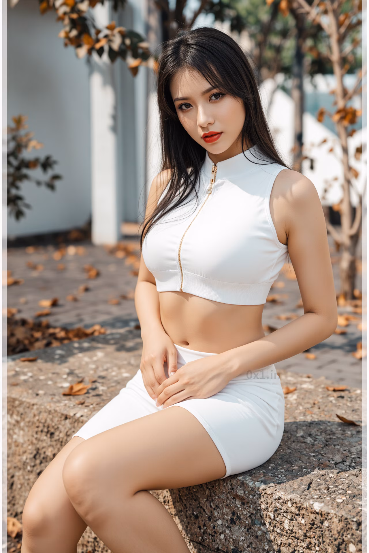 Close-up of a curvy Malaysian woman with long black hair and glossy red lips wearing a white workout crop top, expressing love.