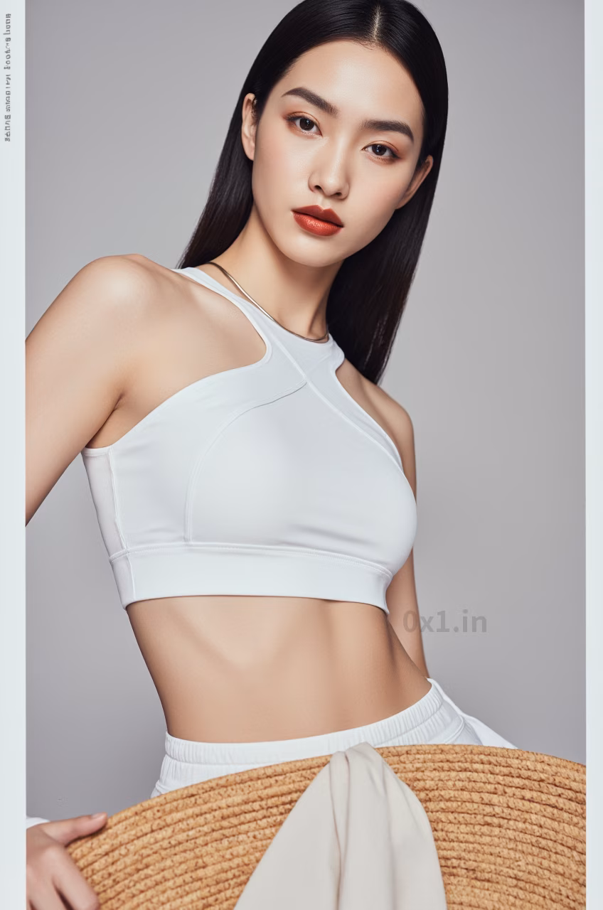 Close-up of a curvy Malaysian woman with long black hair and glossy red lips wearing a white workout crop top, expressing love.