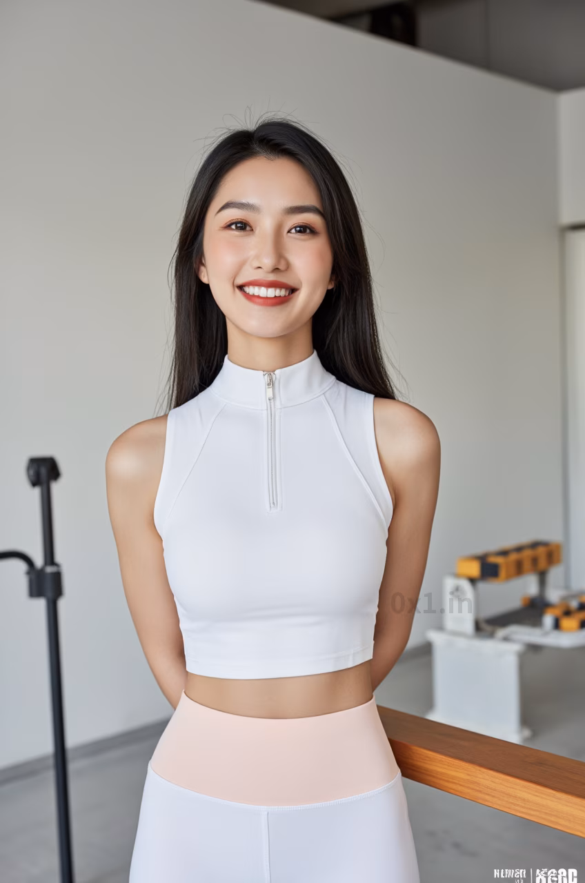 Close-up of a curvy Malaysian woman with long black hair and glossy red lips wearing a white workout crop top, expressing love.