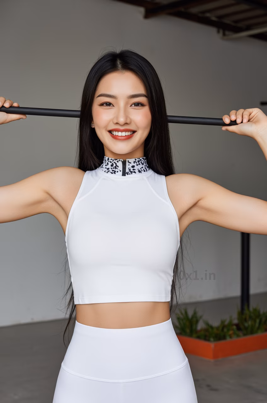 Close-up of a curvy Malaysian woman with long black hair and glossy red lips wearing a white workout crop top, expressing love.