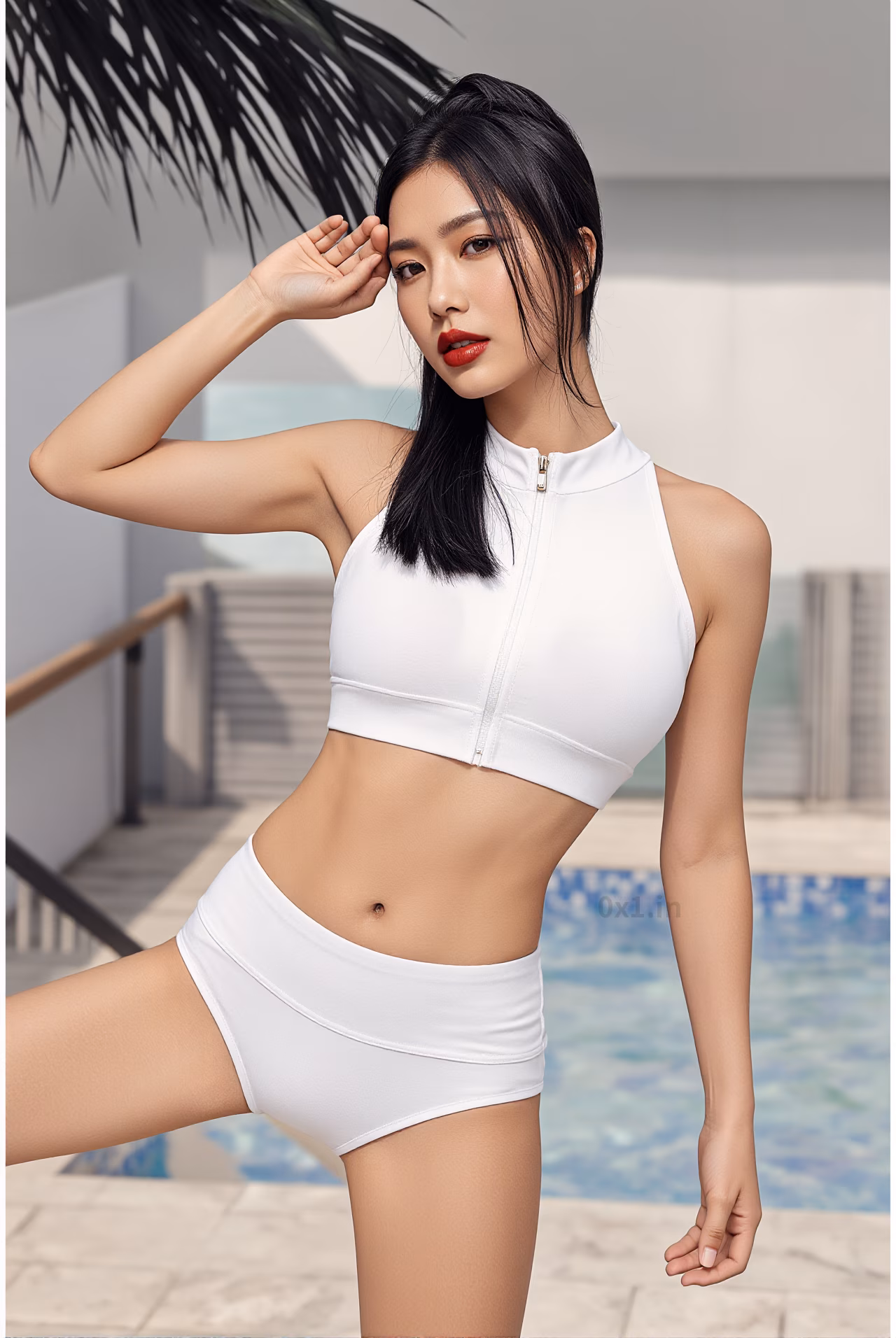 Close-up of a curvy Malaysian woman with long black hair and glossy red lips wearing a white workout crop top, expressing love.