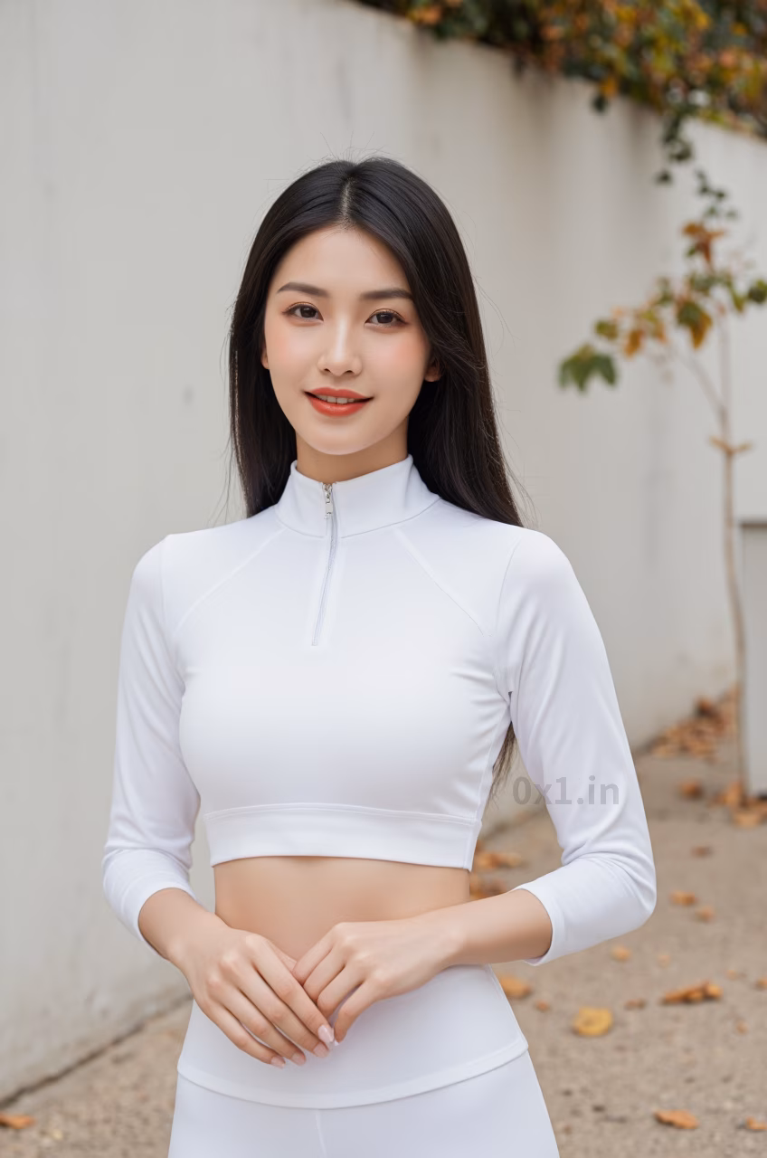 Close-up of a curvy Malaysian woman with long black hair and glossy red lips wearing a white workout crop top, expressing love.