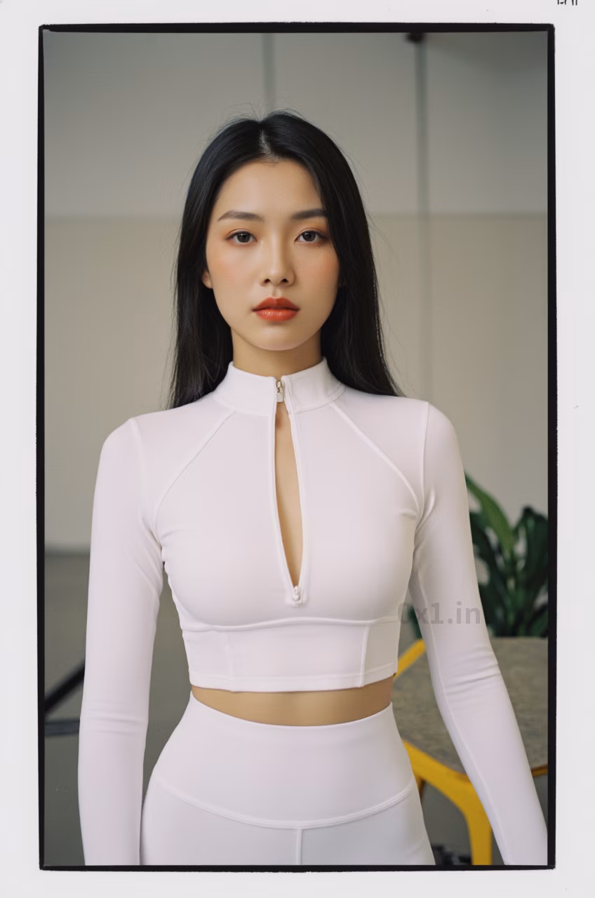 Close-up of a curvy Malaysian woman with long black hair and glossy red lips wearing a white workout crop top, expressing love.