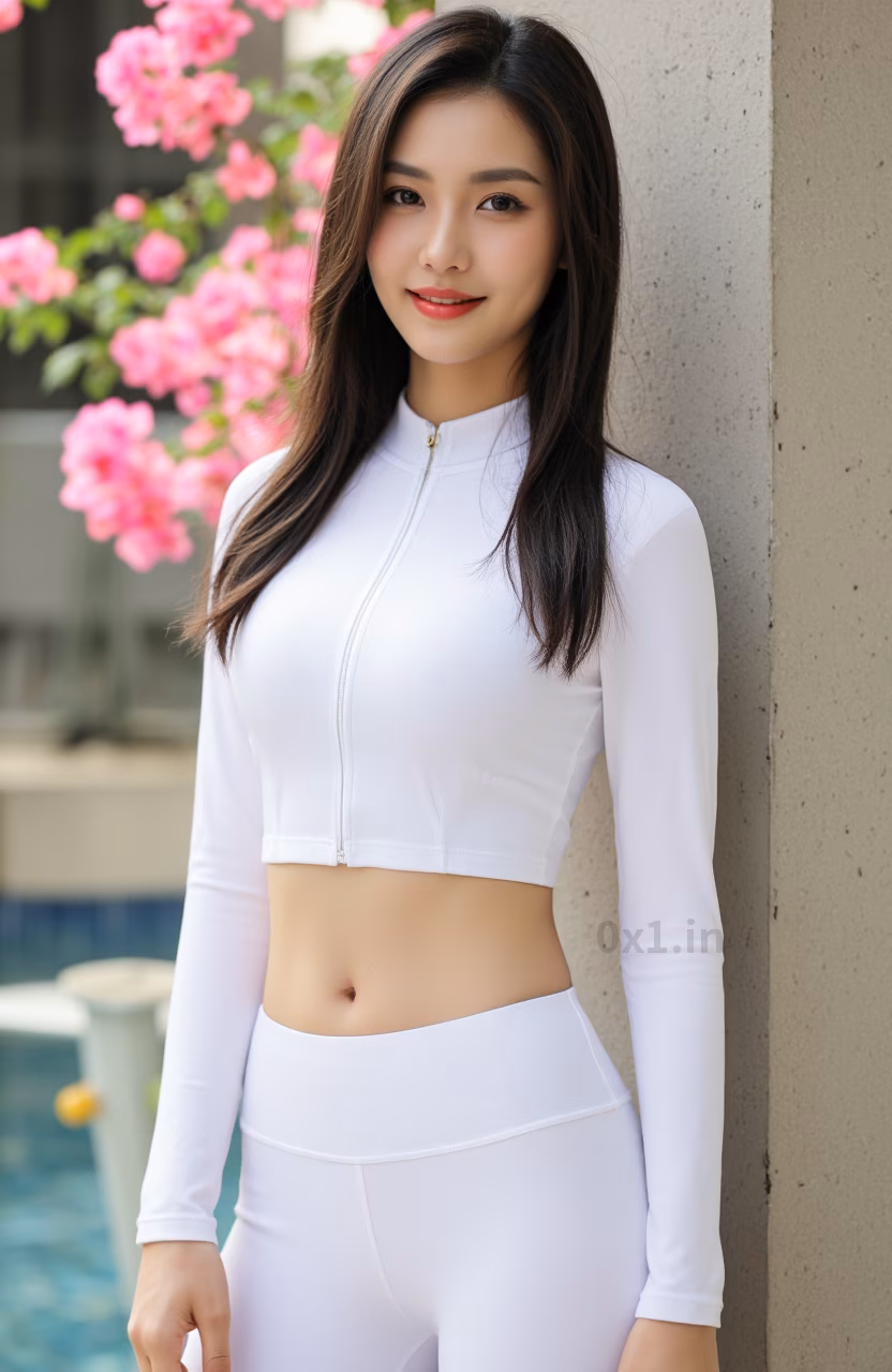 Close-up of a curvy Malaysian woman with long black hair and glossy red lips wearing a white workout crop top, expressing love.