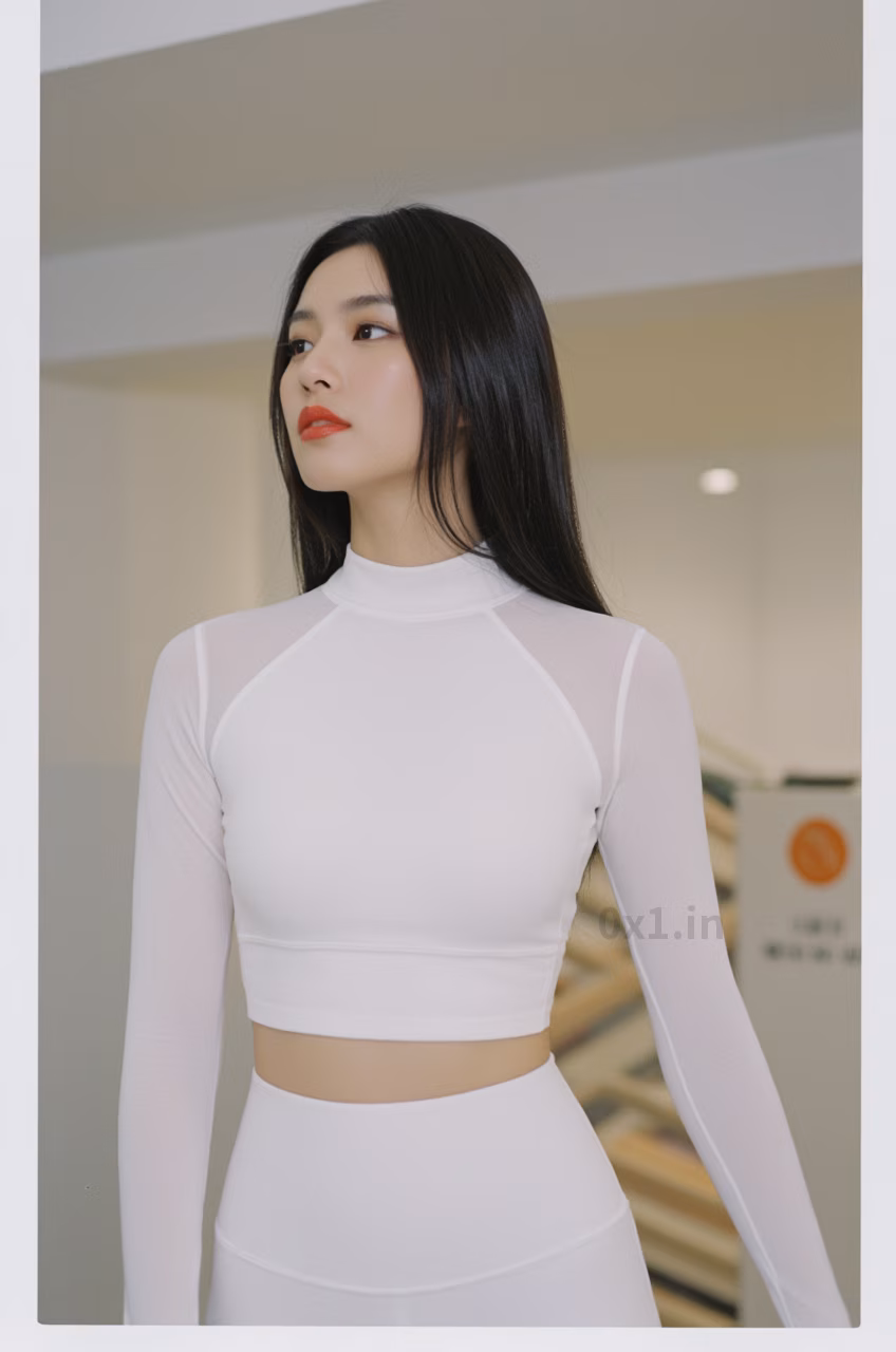 Close-up of a curvy Malaysian woman with long black hair and glossy red lips wearing a white workout crop top, expressing love.