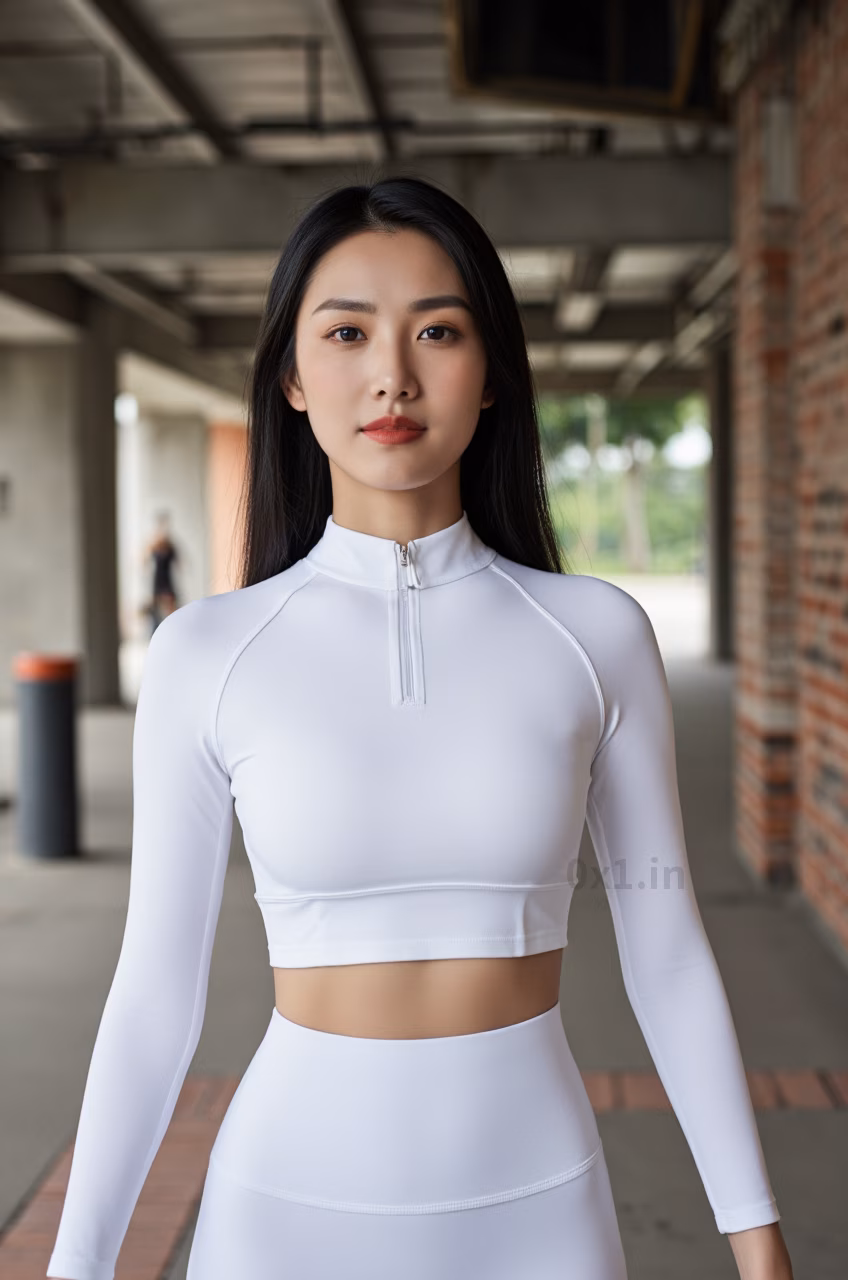 Close-up of a curvy Malaysian woman with long black hair and glossy red lips wearing a white workout crop top, expressing love.