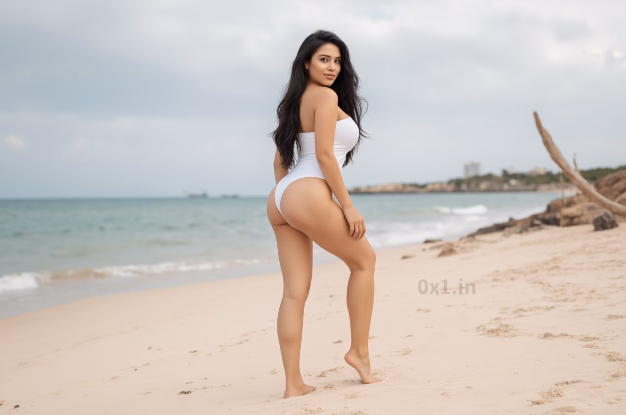 A Brazilian woman in a white bodycon swimsuit smiling on the beach, surrounded by sun loungers.