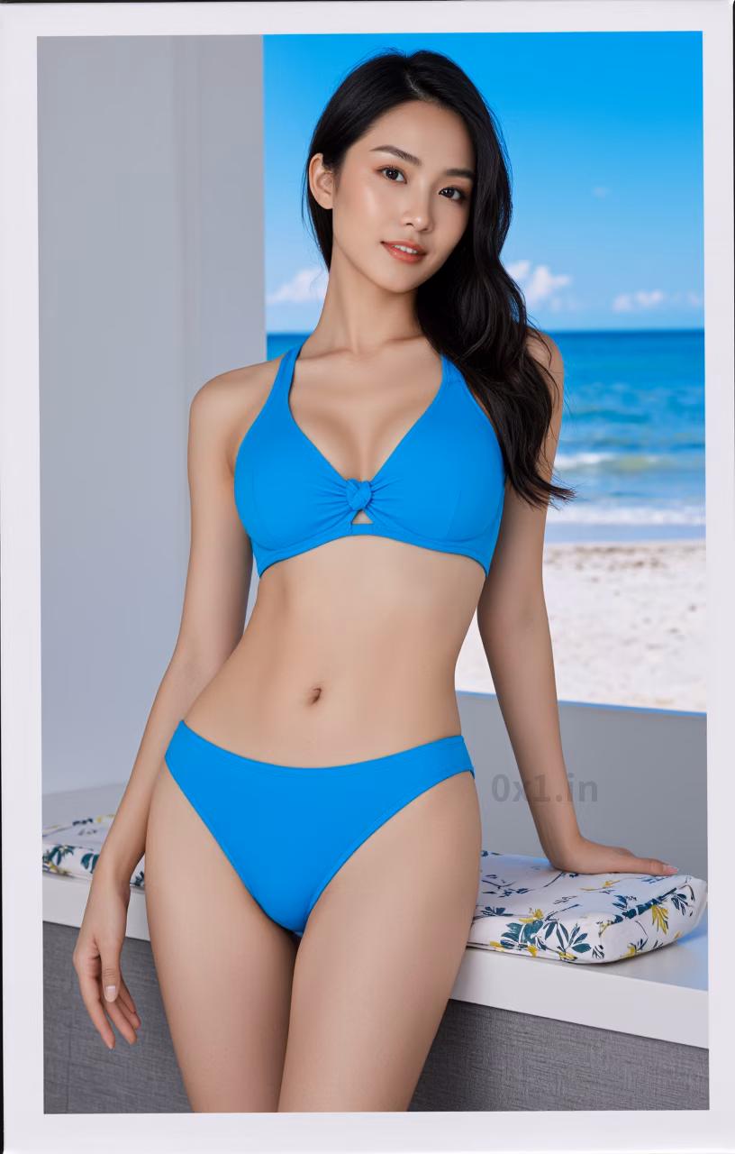 Close-up of a 22-year-old Malaysian woman in a blue bikini at the beach, showcasing her beauty