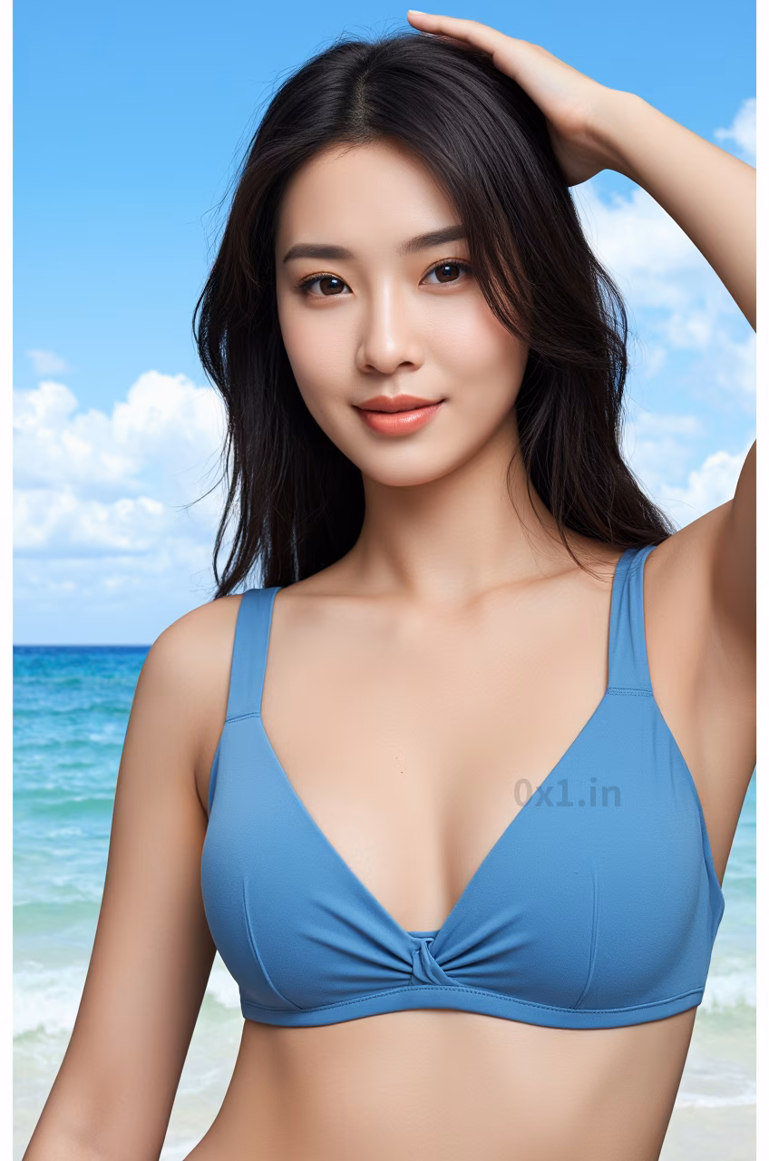 Close-up of a 22-year-old Malaysian woman in a blue bikini at the beach, showcasing her beauty