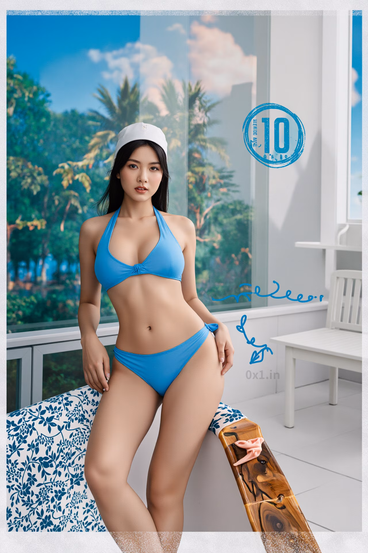 Close-up of a 22-year-old Malaysian woman in a blue bikini at the beach, showcasing her beauty