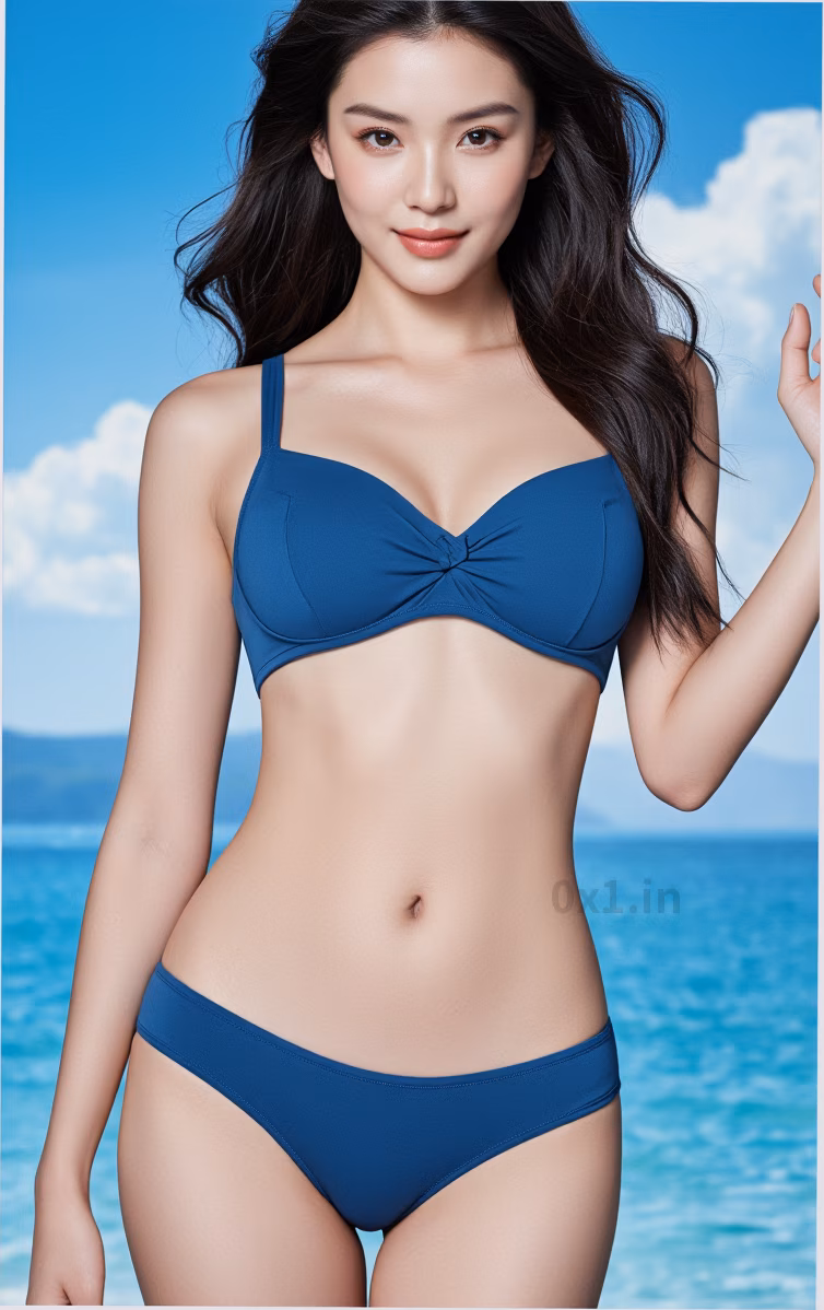 Close-up of a 22-year-old Malaysian woman in a blue bikini at the beach, showcasing her beauty