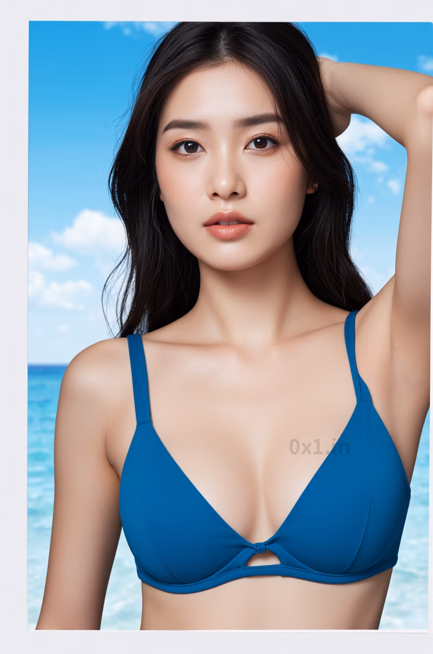 Close-up of a 22-year-old Malaysian woman in a blue bikini at the beach, showcasing her beauty