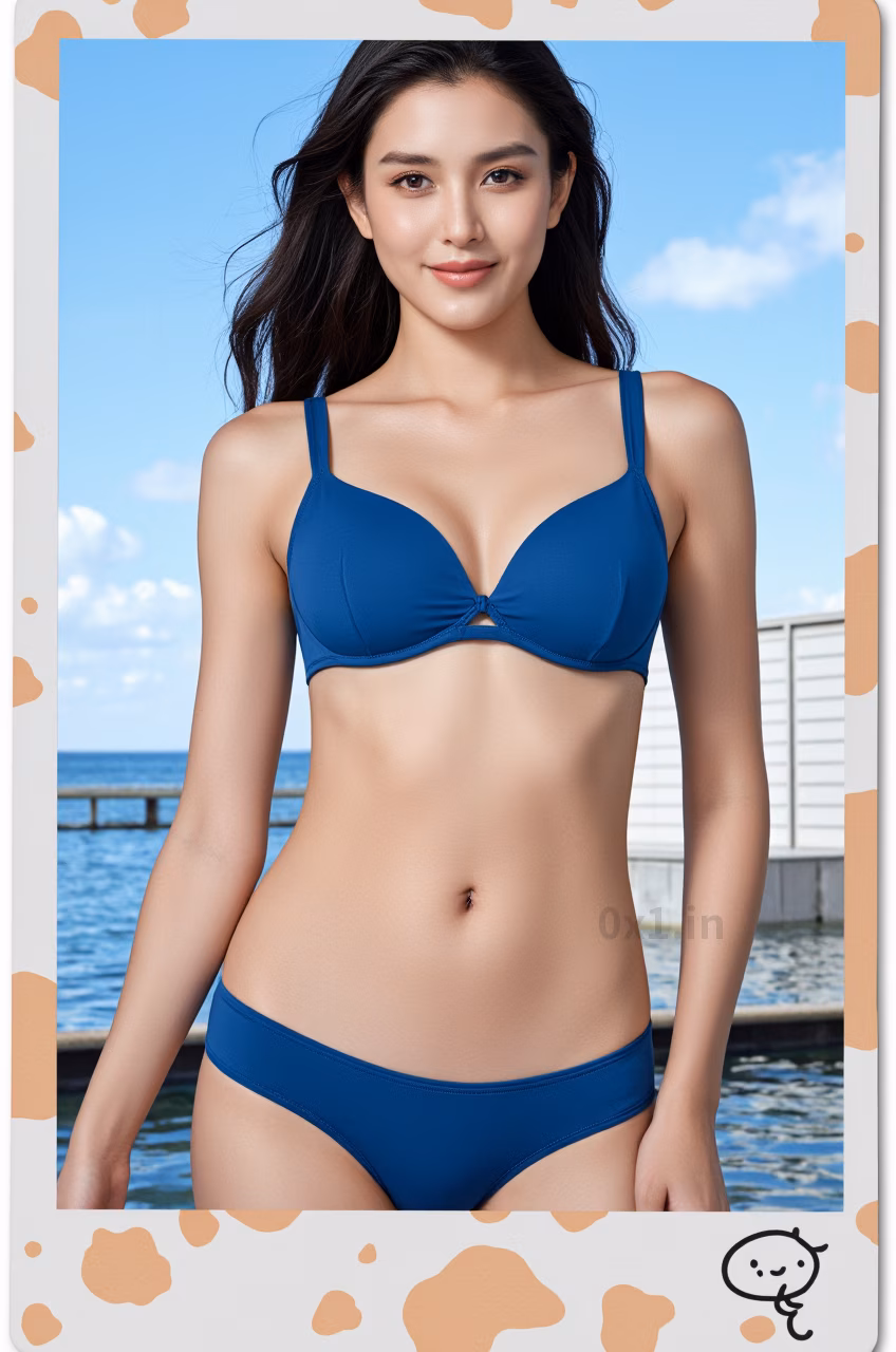 Close-up of a 22-year-old Malaysian woman in a blue bikini at the beach, showcasing her beauty