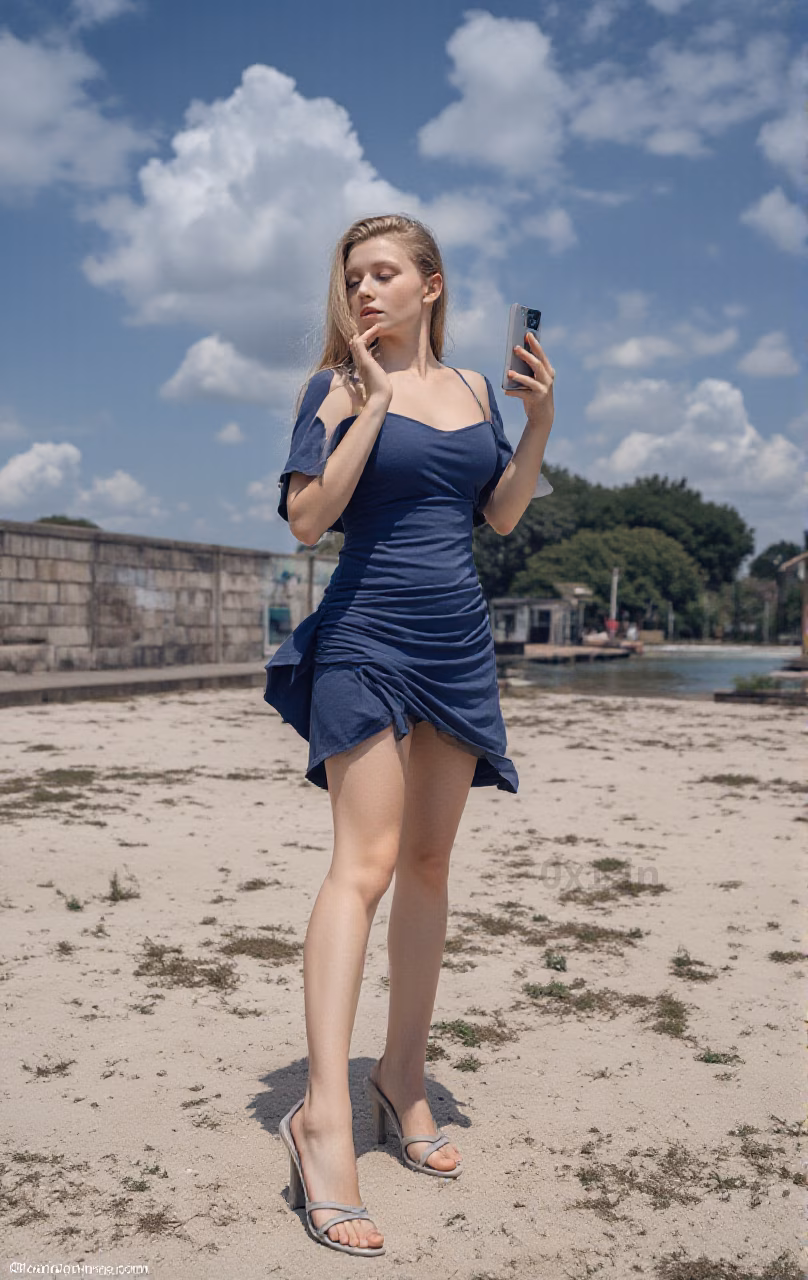 Ukrainian woman wearing a dark blue summer bodycon dress in a beach setting.
