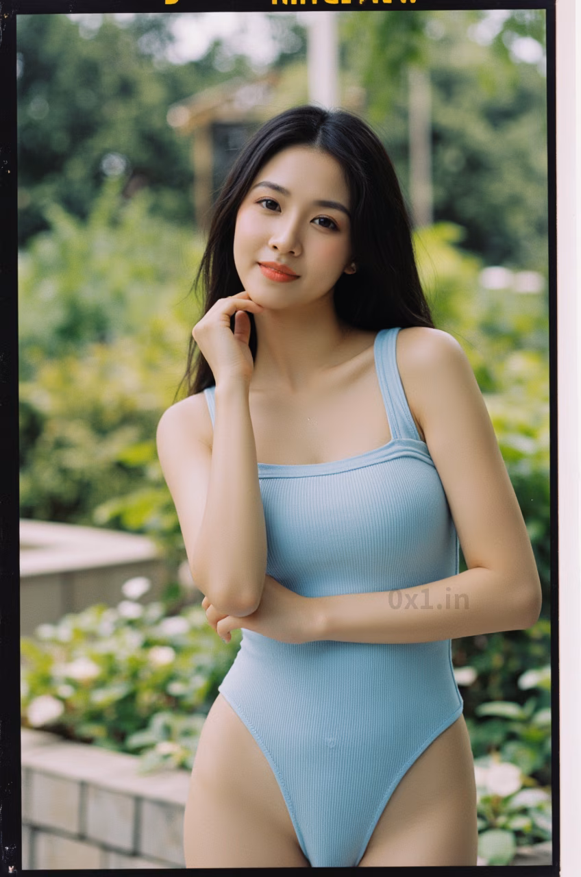 Close-up portrait of a curvy Malaysian woman in a sea salt blue bodysuit with pink lips, captured in a garden setting.