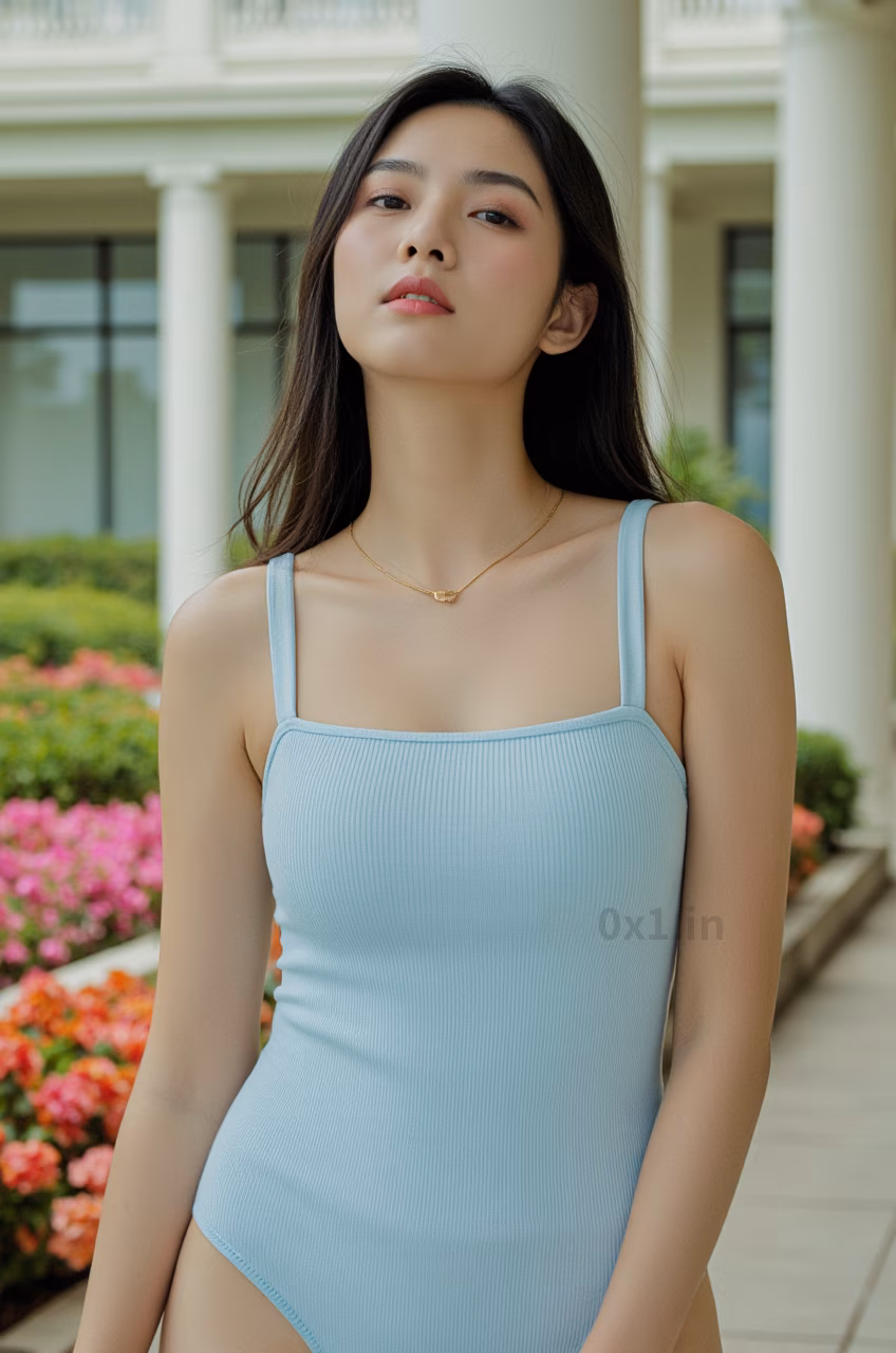 Close-up portrait of a curvy Malaysian woman in a sea salt blue bodysuit with pink lips, captured in a garden setting.