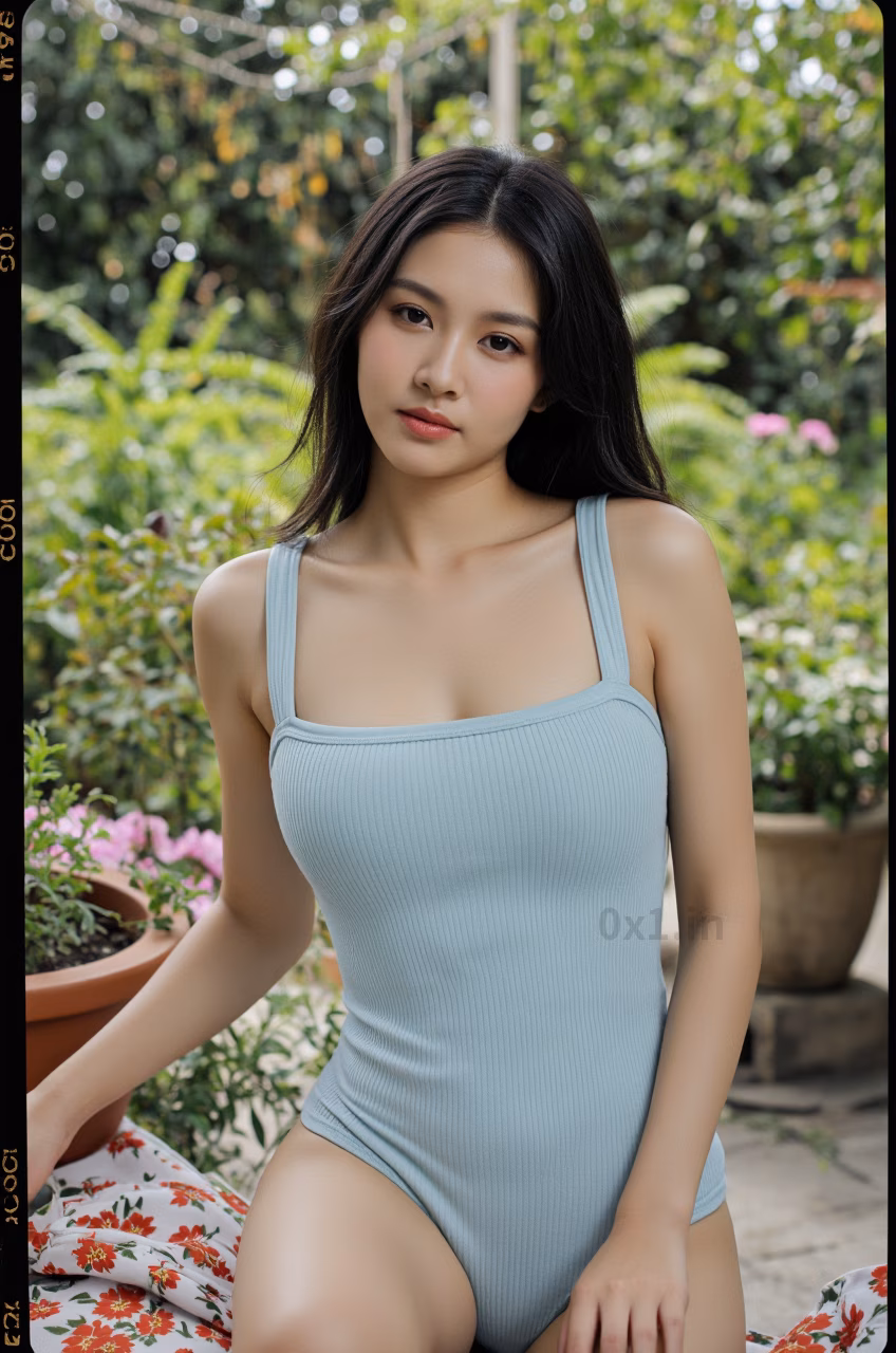 Close-up portrait of a curvy Malaysian woman in a sea salt blue bodysuit with pink lips, captured in a garden setting.