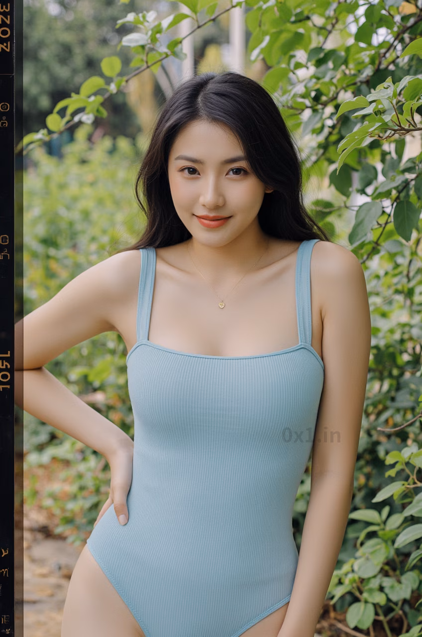 Close-up portrait of a curvy Malaysian woman in a sea salt blue bodysuit with pink lips, captured in a garden setting.