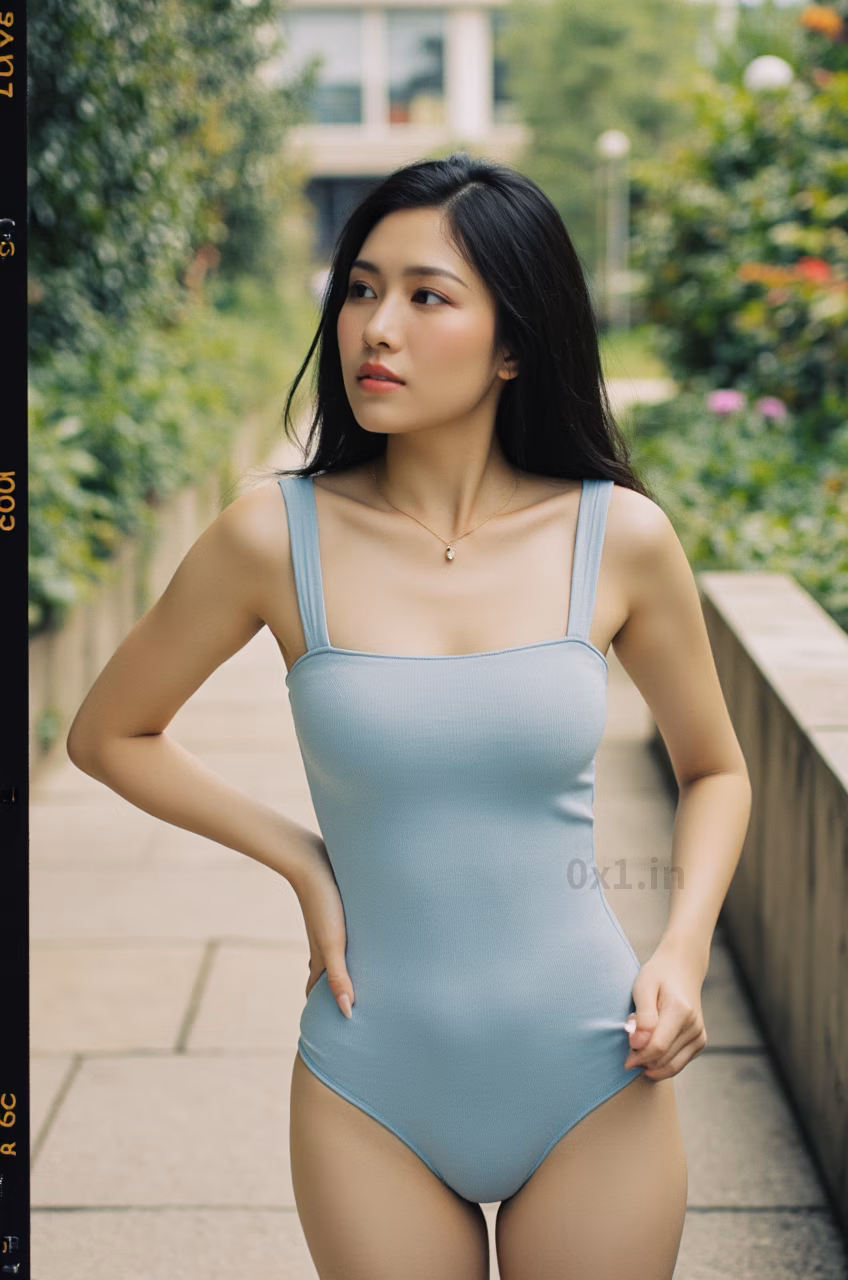 Close-up portrait of a curvy Malaysian woman in a sea salt blue bodysuit with pink lips, captured in a garden setting.