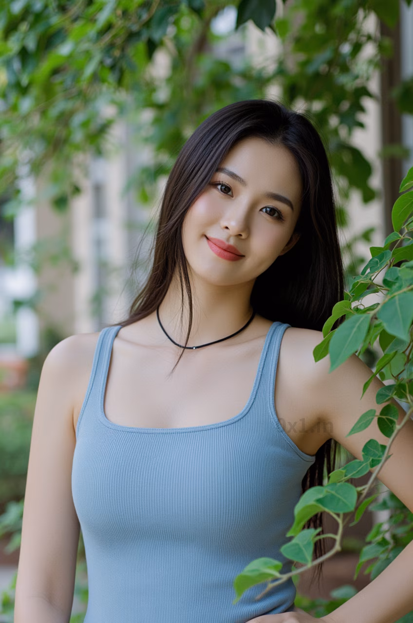Close-up portrait of a curvy Malaysian woman in a sea salt blue bodysuit with pink lips, captured in a garden setting.