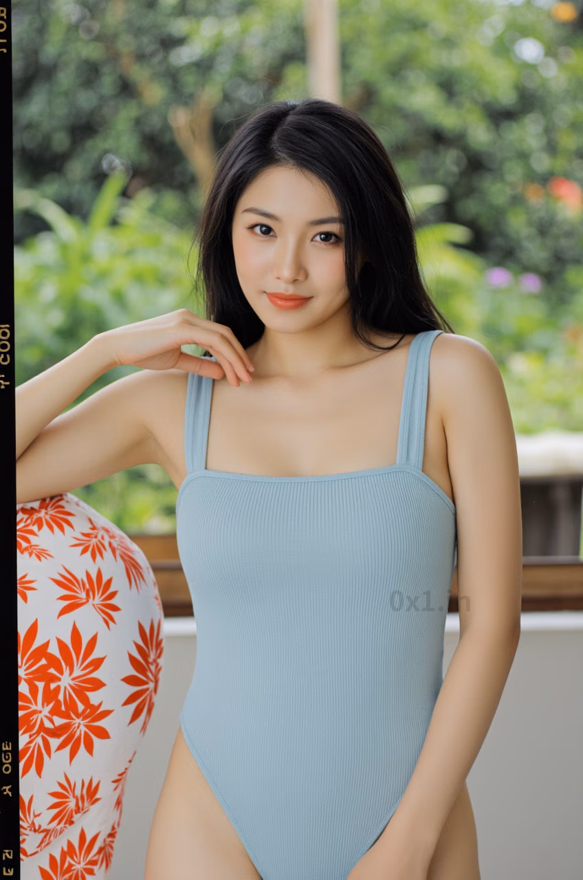 Close-up portrait of a curvy Malaysian woman in a sea salt blue bodysuit with pink lips, captured in a garden setting.