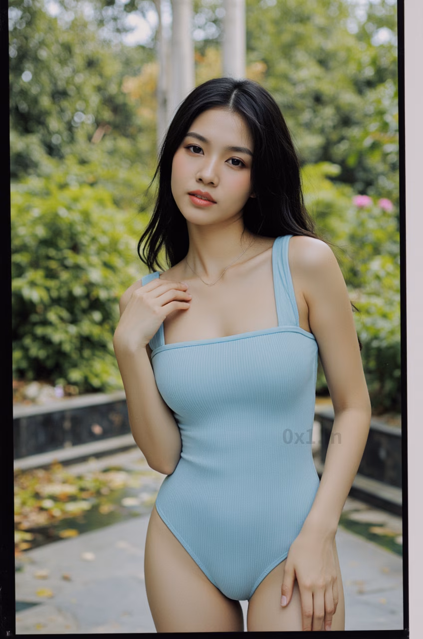 Close-up portrait of a curvy Malaysian woman in a sea salt blue bodysuit with pink lips, captured in a garden setting.