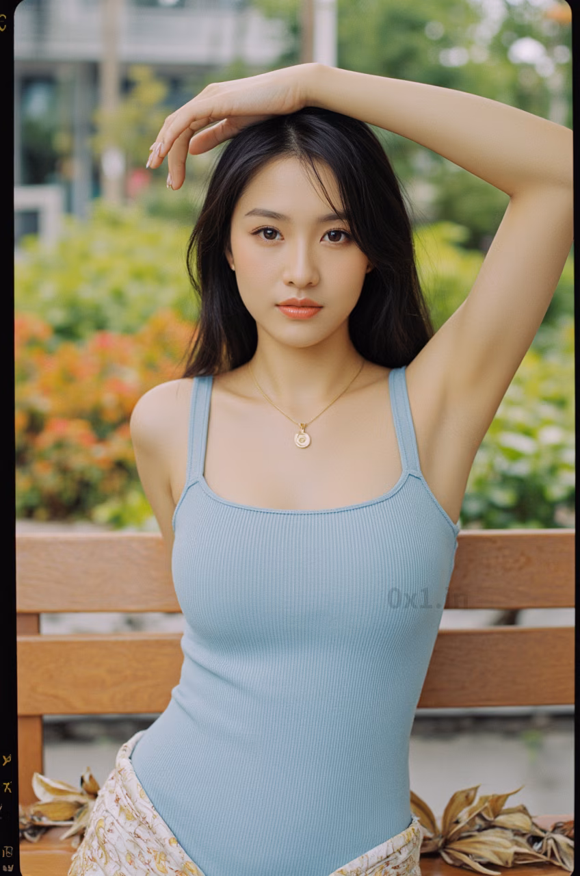 Close-up portrait of a curvy Malaysian woman in a sea salt blue bodysuit with pink lips, captured in a garden setting.