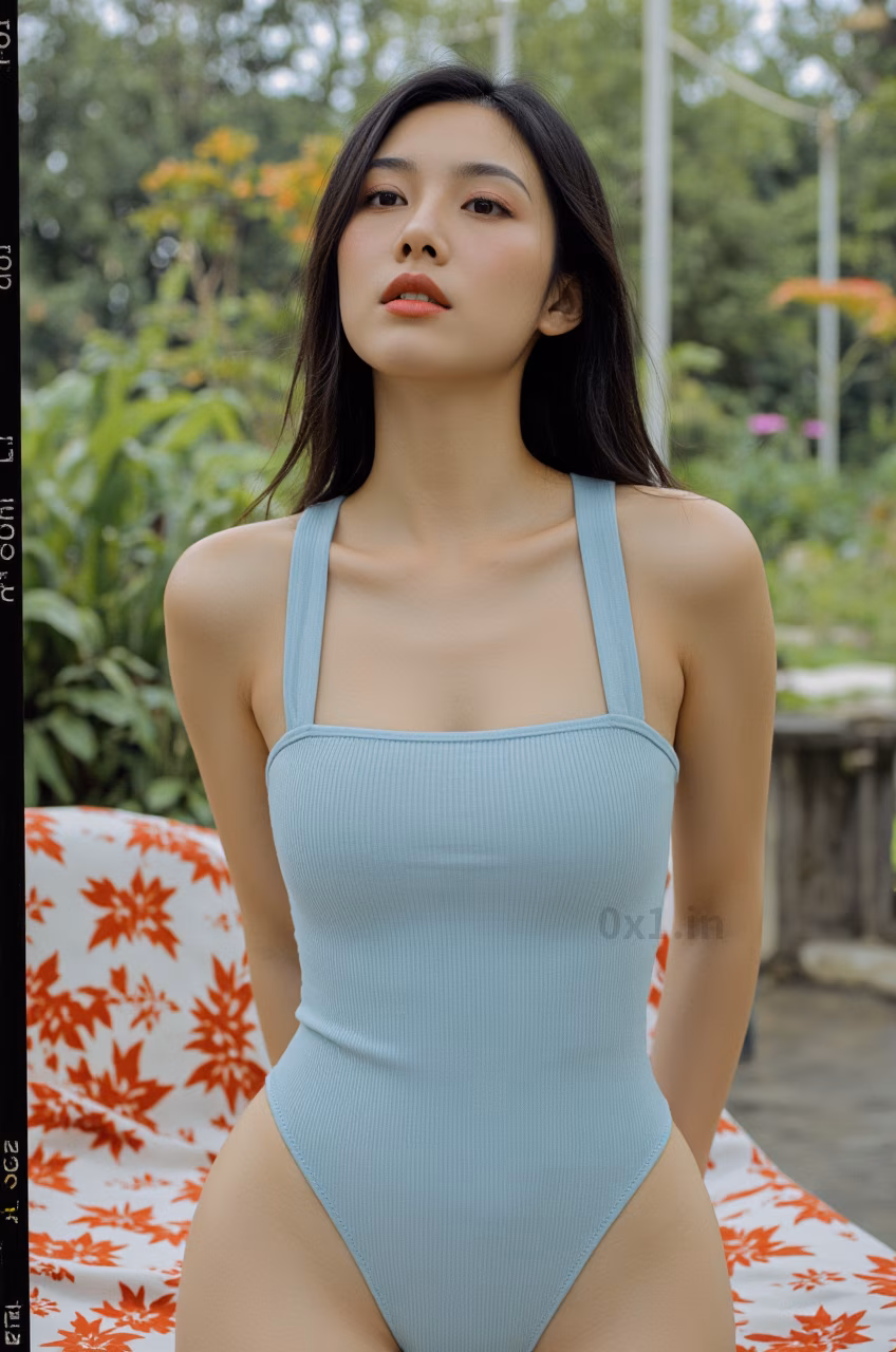 Close-up portrait of a curvy Malaysian woman in a sea salt blue bodysuit with pink lips, captured in a garden setting.