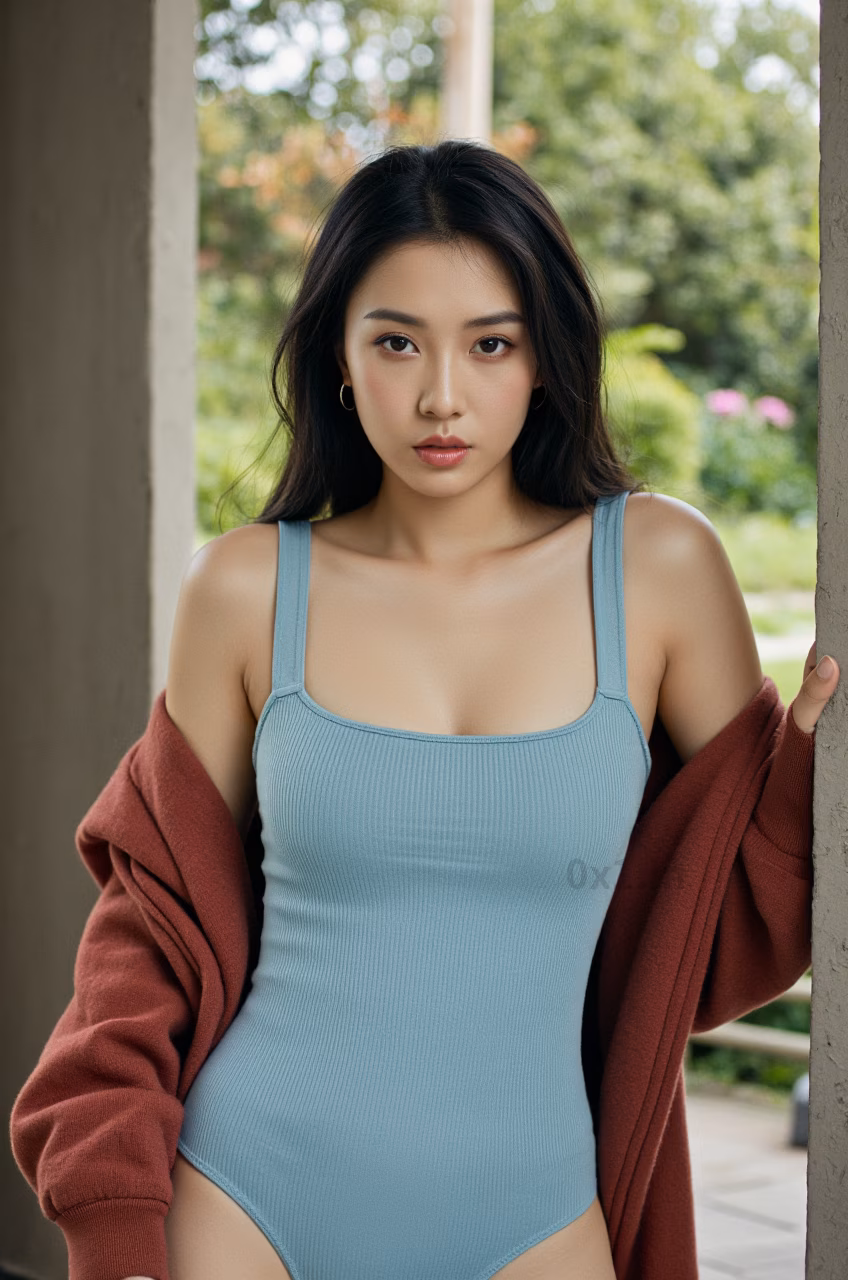 Close-up portrait of a curvy Malaysian woman in a sea salt blue bodysuit with pink lips, captured in a garden setting.