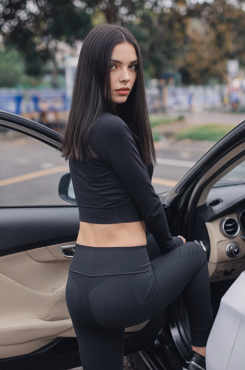 A beautiful Ukrainian woman with brown eyes and long black hair, wearing a workout crop top and fitness pants, displaying a loving expression in various beautiful settings.