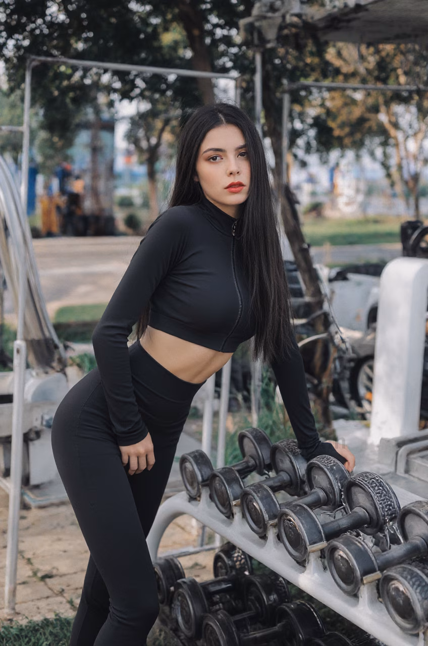 A beautiful Ukrainian woman with brown eyes and long black hair, wearing a workout crop top and fitness pants, displaying a loving expression in various beautiful settings.