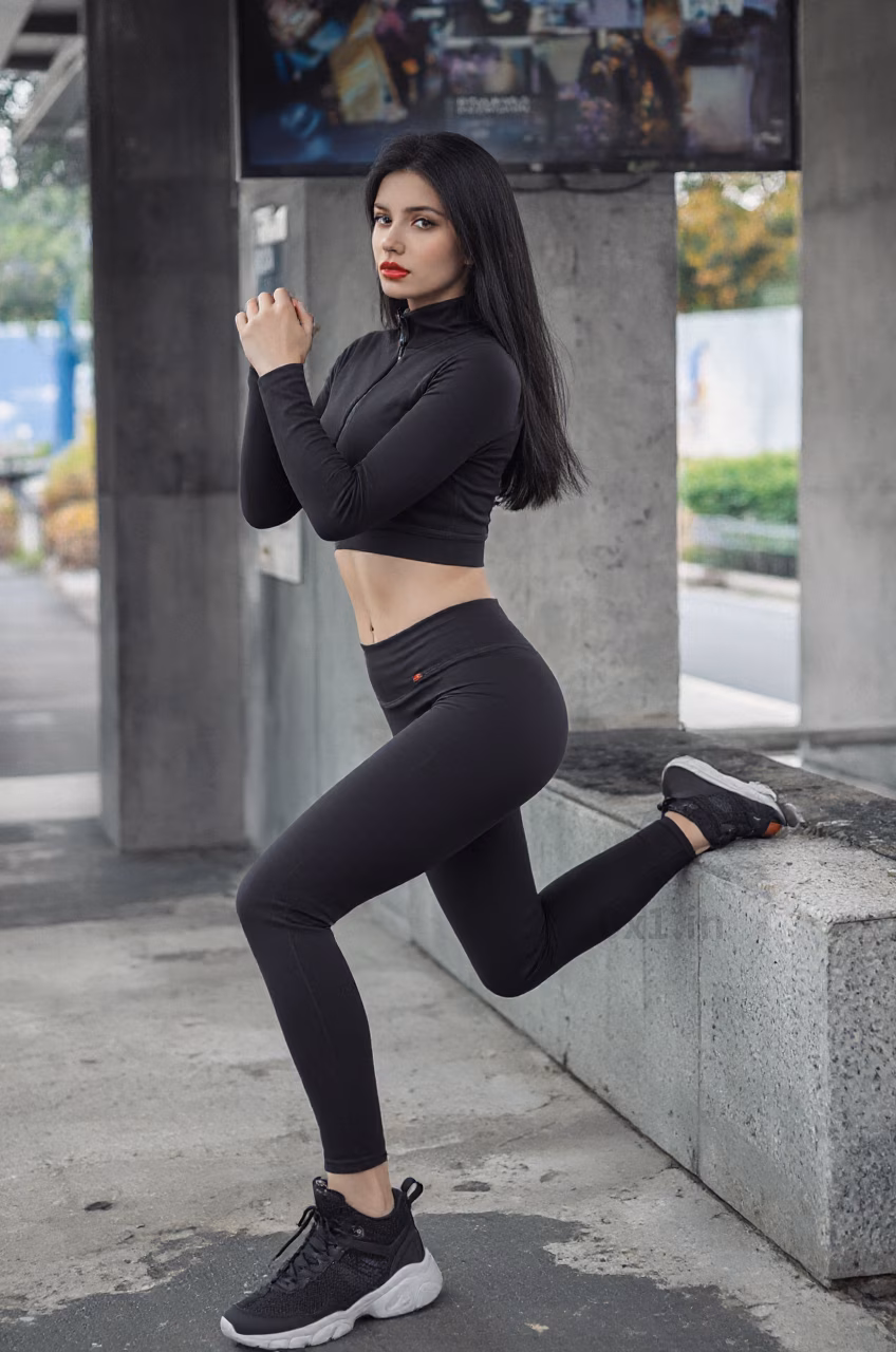 A beautiful Ukrainian woman with brown eyes and long black hair, wearing a workout crop top and fitness pants, displaying a loving expression in various beautiful settings.
