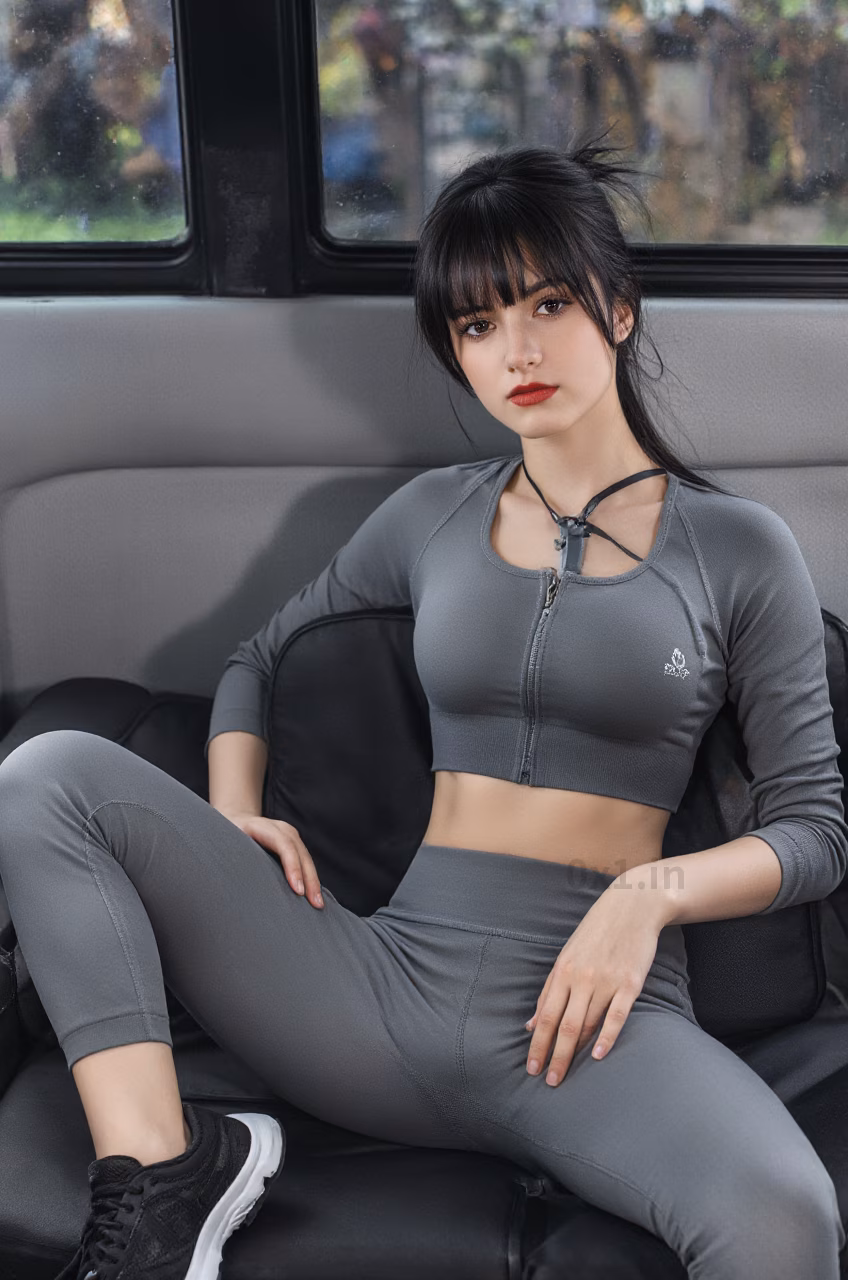 A beautiful Ukrainian woman with brown eyes and long black hair, wearing a workout crop top and fitness pants, displaying a loving expression in various beautiful settings.