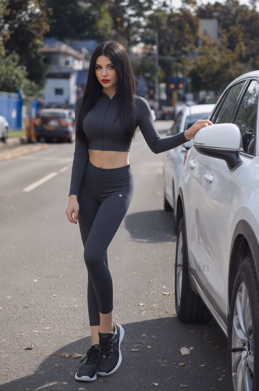 A beautiful Ukrainian woman with brown eyes and long black hair, wearing a workout crop top and fitness pants, displaying a loving expression in various beautiful settings.