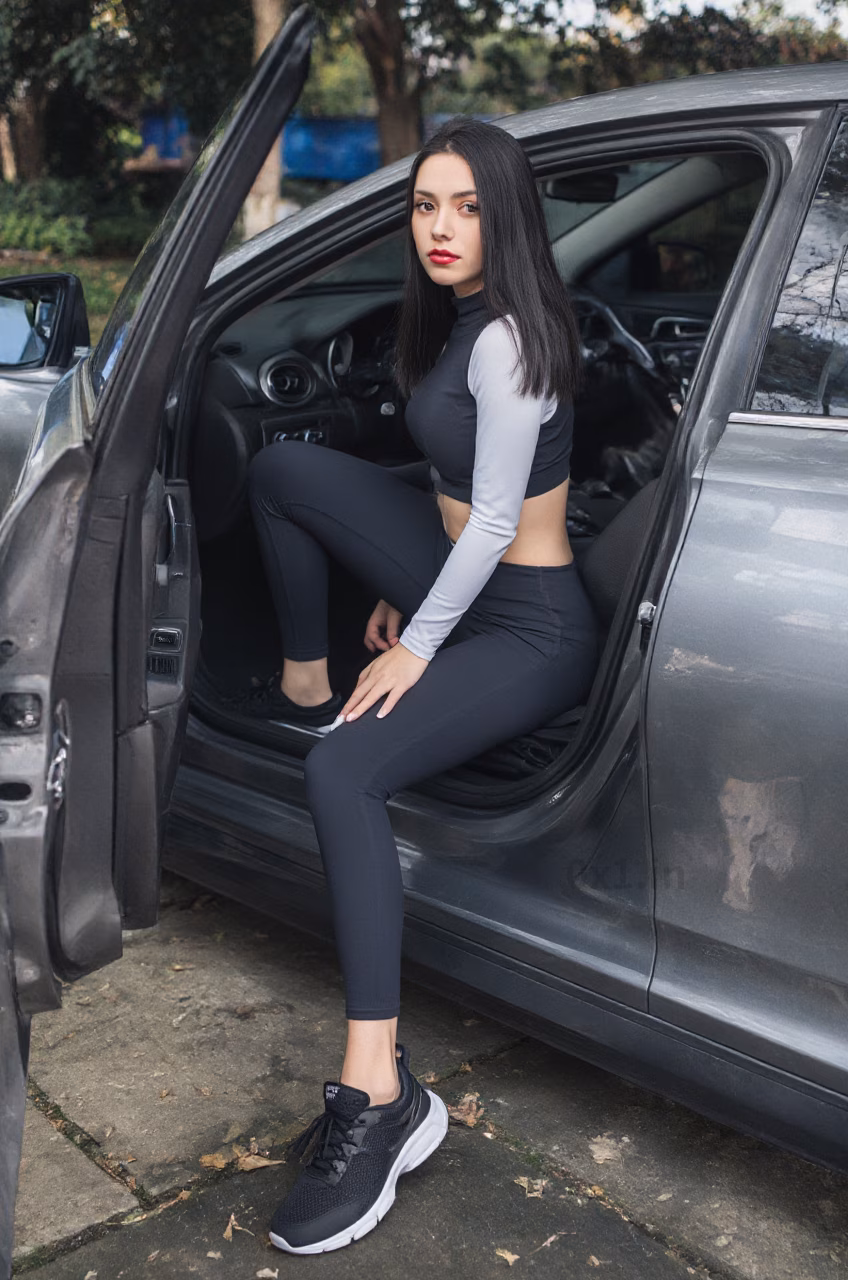 A beautiful Ukrainian woman with brown eyes and long black hair, wearing a workout crop top and fitness pants, displaying a loving expression in various beautiful settings.
