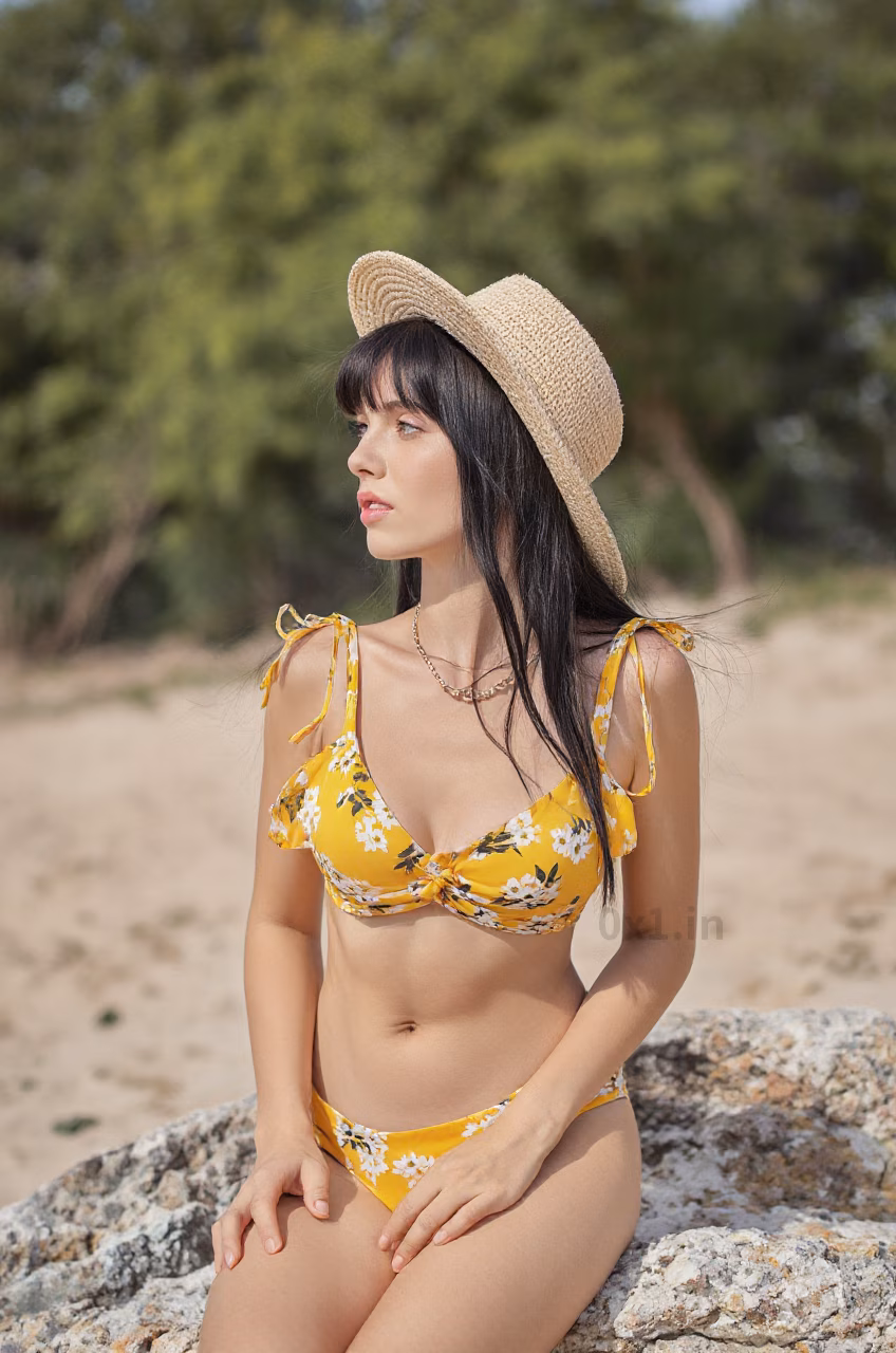 Ukrainian woman in a yellow floral bikini set, showcasing beauty and elegance in various environments.