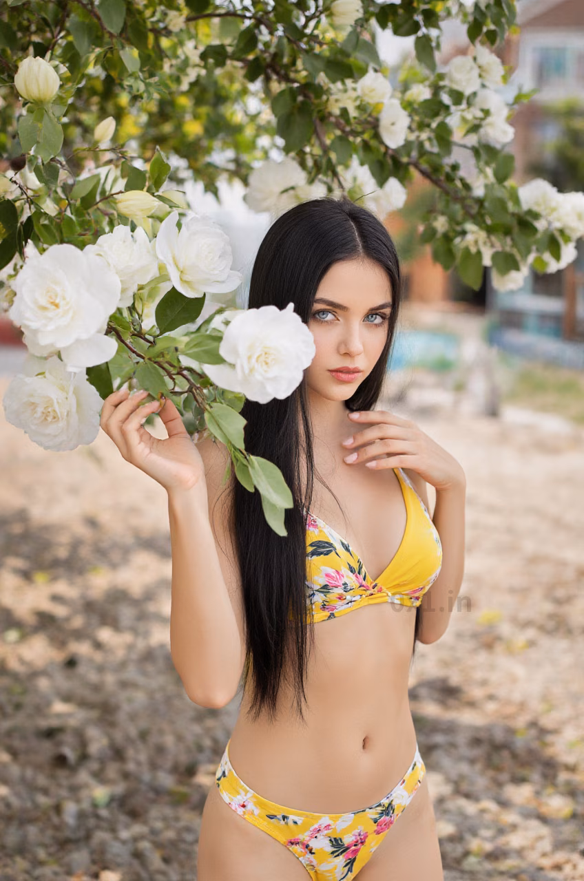 Ukrainian woman in a yellow floral bikini set, showcasing beauty and elegance in various environments.